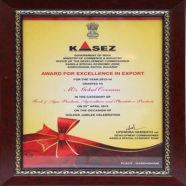 KASEZ Award for “Excellence in Export” for the year 2013-14